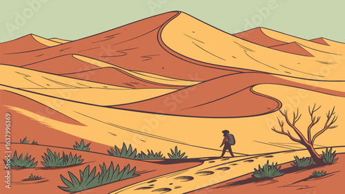 Illustration of a desert landscape with sand dunes, a traveler, sparse vegetation, and a bare tree