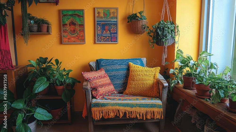 Naklejka premium Cozy armchair in plant-filled sunlit room, bohemian decor, relaxing atmosphere, home interior design