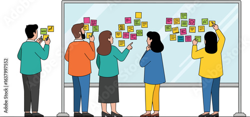 A diverse team of colleagues brainstorming with colorful sticky notes on a large whiteboard.