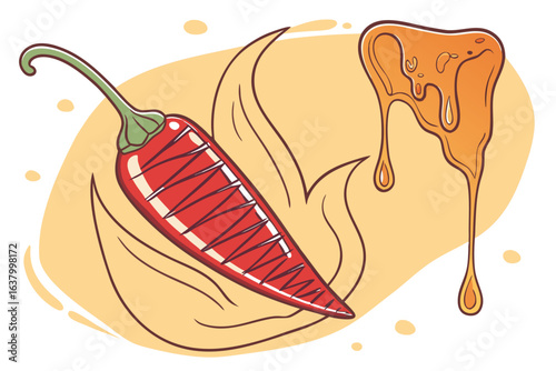 Illustration of a red chili pepper with green stem next to a dripping honey like substance on beige background