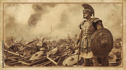 Spartan Warrior and Roman Soldiers on Battlefield