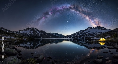 Night camping under the milky way galaxy at lake tahoe california wallpaper photo