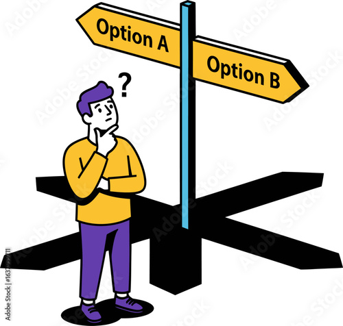 A thoughtful man stands at a crossroads, deciding between Option A and Option B.
