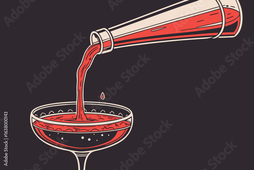 Illustration of a bottle pouring red liquid into a glass with a dark background and white outlines design