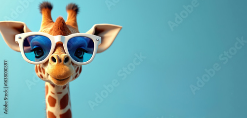 Cute cartoon giraffe sports bright yellow tinted blue sunglasses, welcoming summer holidays. Trendy illustration features long-necked mammal with funny, cool demeanor, perfect for children themed