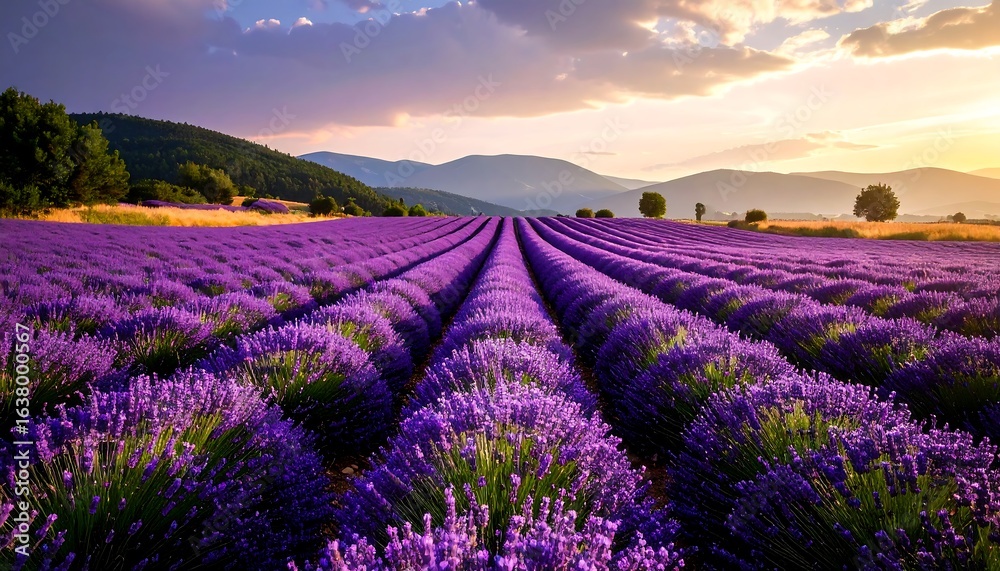 Naklejka premium Sunset over rows of purple lavender in a vast field, mountains in the distance
