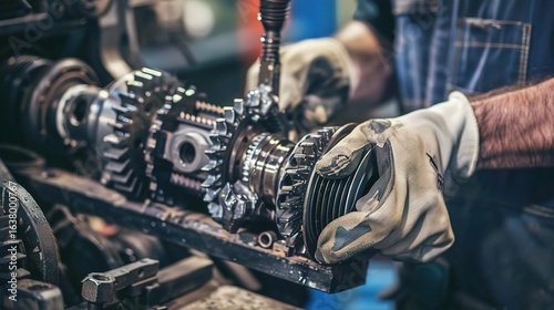 Transmission repairman working on a vehicle's transmission system, using tools like wrenches and screwdrivers to disassemble components, checking gears and shafts, wearing gloves and a mechanic’s unif