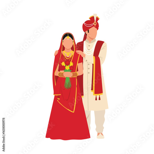 Minimal Hindu Wedding Bride Bouquet Groom Behind Vector Illustration