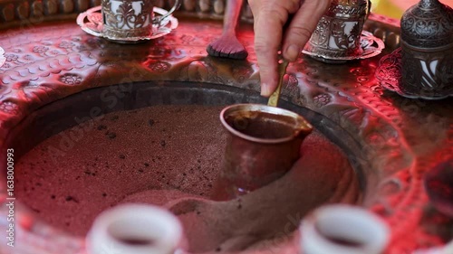 Traditional Turkish Coffee Brewing in Hot Sand at Sirince, Turkey – Slow Motion Footage