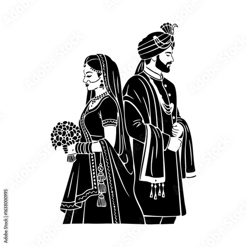 Minimal Hindu Wedding Bride Bouquet Groom Behind Vector Illustration