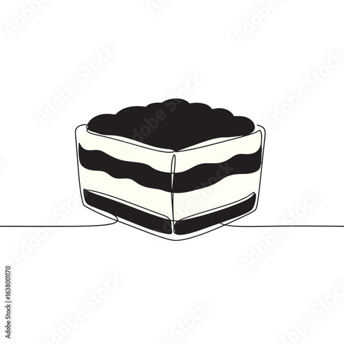 Minimalist single line drawing of a tiramisu dessert slice