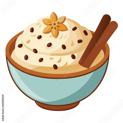 Rice pudding in bowl with cinnamon powder and raisins on rustic wooden surface