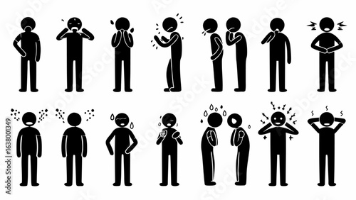 Illustration of stick figures depicting various emotions and physical ailments in black and white style