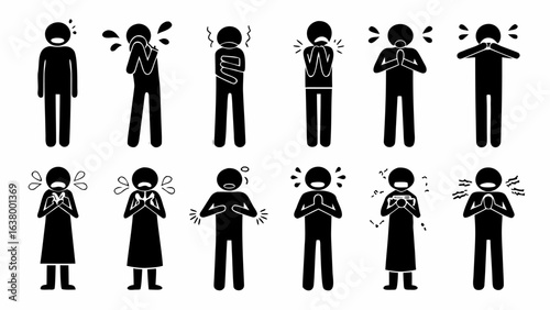 Illustration of stick figures expressing various emotions and physical sensations in black and white color