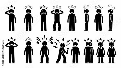 Illustration of stick figures depicting dizziness confusion and other related mental states and conditions