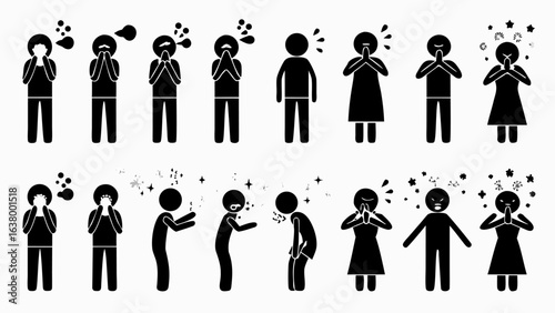Illustration showing stick figures sneezing and coughing and spreading germs in the air with hands covering mouth