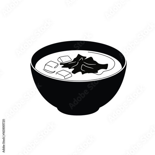 Black and white illustration of miso soup in a bowl