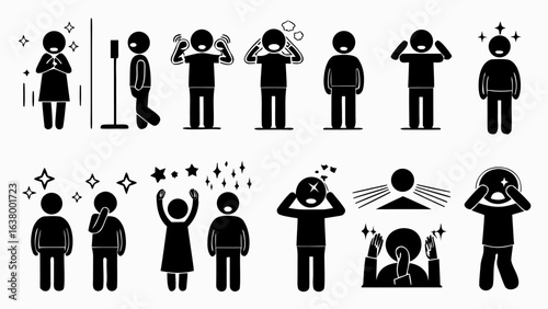 Illustration showing various stick figure people expressing different emotions and states of being black and white