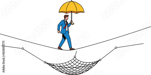 A businessman in a blue suit carefully walks a tightrope, holding a yellow umbrella for balance above a safety net.