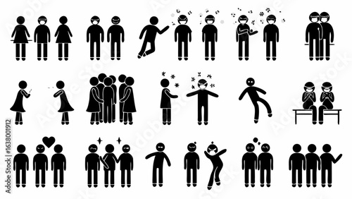 Illustration of stick figures in various activities and social interactions depicted in black and white