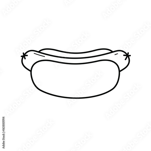 Simple black and white outline drawing of a hot dog in a bun