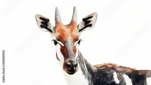 Close-up of dama gazelle's head with detailed features including horns, eyes, and ears against a neutral background.