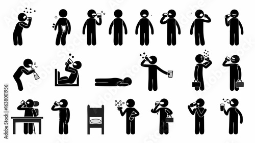 Various stick figures depicting actions such as drinking sleeping and using various objects in black color