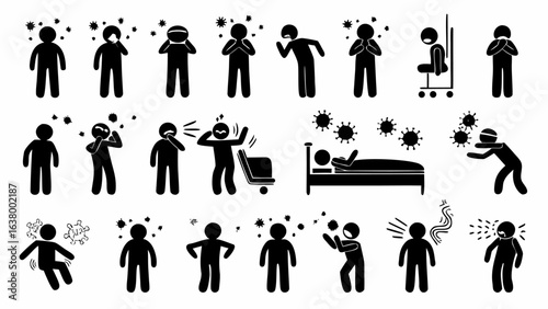 Illustration of stick figures depicting various symptoms and scenarios related to illness and disease