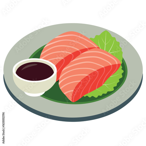 Sashimi slices of tuna with wasabi and soy sauce on white plate