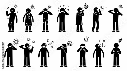 Black stick figures depicting various symptoms of illness and virus transmission methods shown clearly