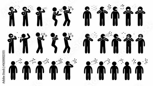 Illustration depicting stick figures sneezing coughing and showing symptoms of illness and disease