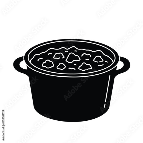 Black and white illustration of a pot of stew