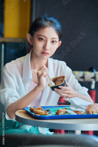 Konstfotografi A cute Chinese girl enjoying a hearty meal at a fast-food restaurant in a shopping mall
