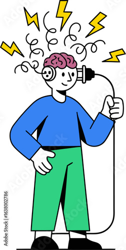 A person with an exposed brain plugs in a power cord, symbolizing brainstorming and creativity.