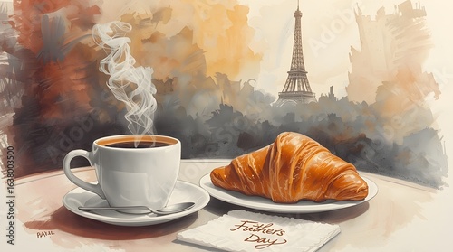 Coffee Cup and Croissant on a Paris Cafe Table with the Eiffel Tower in the Background