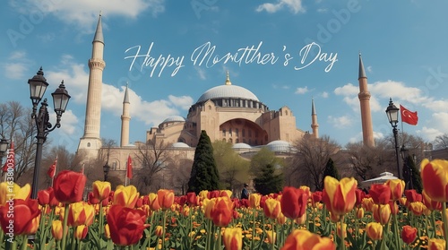 Mothers Day Greeting Card with Hagia Sophia and Turkish Flags in the Background