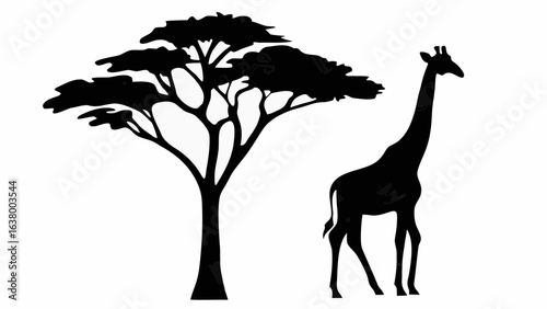 Silhouette of a giraffe standing beside an acacia tree in a black and white african landscape scene
