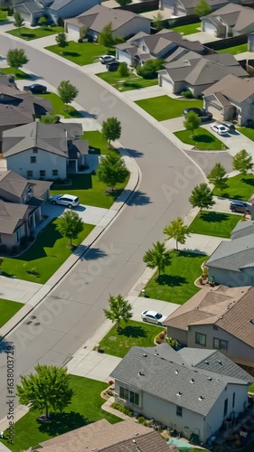 Suburb Aerial View: Rows of houses with lush green lawns in a classic residential neighborhood during the daytime