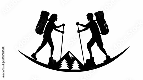 Silhouette of hikers with backpacks and poles on a mountain ridge with trees and a peak in black