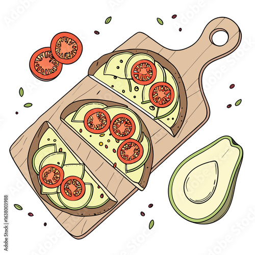 clean stylish elegant modern detailed professional high quality Avocado and Tomato Flatbread on a Wooden Cutting Board