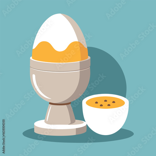 Soft boiled egg in egg cup with cracked top and salt seasoning