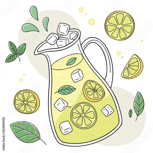 crisp clean stylish elegant modern detailed professional high quality Lemonade Pitcher with Sliced Lemons and Ice Cubes