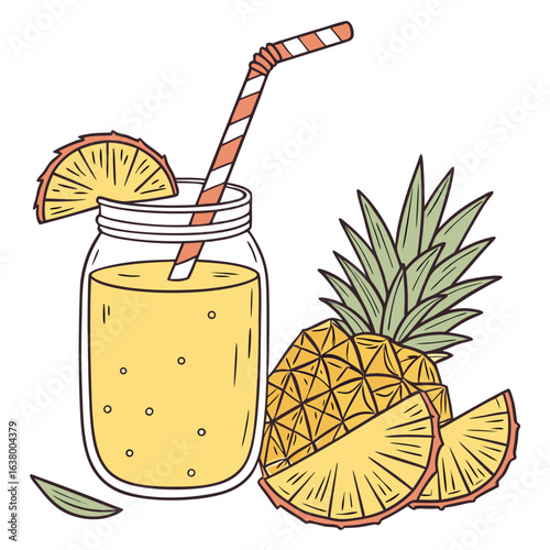 elegant modern detailed professional high quality A glass jar with a straw and pineapple slices around it