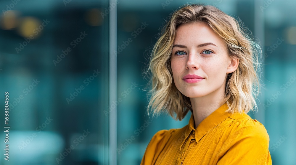 Obraz premium Confident blonde businesswoman with blue eyes smiles warmly in modern office, radiating professionalism and approachability.