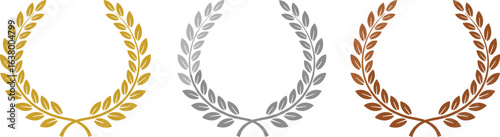 Gold, silver, bronze laurel wreaths, victory symbols, achievement icons, award design, honor, ranking, isolated, vector