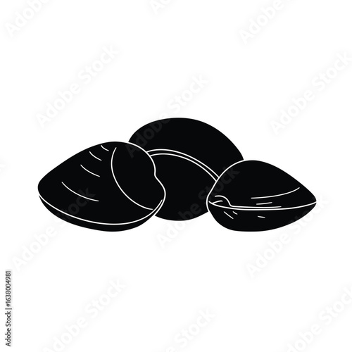 Black and white illustration of three clams on a white background