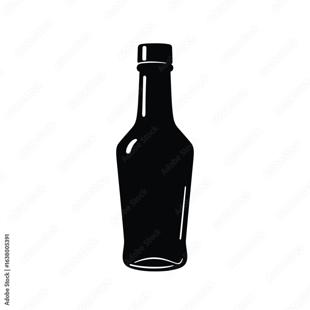 Black silhouette of a glass bottle with a cap on a white background Black silhouette of a glass bottle with a cap on a white background