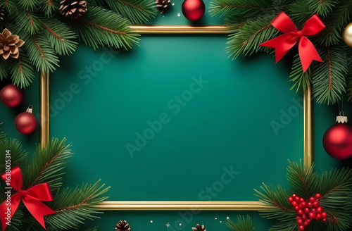 On a green background is a golden frame decorated with Christmas tree branches, red balls and bows and cones. Christmas template.