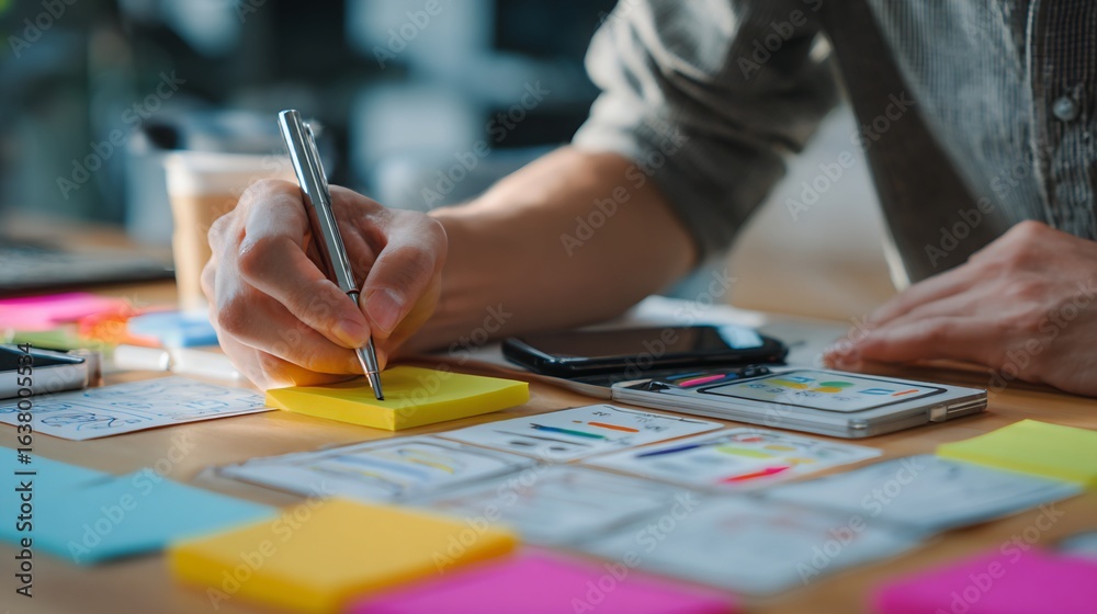 Fototapeta premium Person Writing on Sticky Note with Design Sketches and Mobile Phones