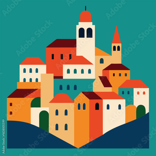 Wallpaper Mural The old town scenic illustration with vintage buildings and street Torontodigital.ca